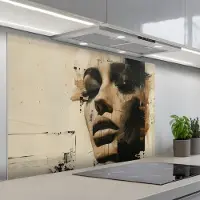 KitchenYeah Spatscherm 120x80 cm - Zelfklevende achterwand Vrouw - Gezicht - Abstract - Kunst - Keuken muurbeschermer - Spatwand fornuis