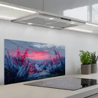 KitchenYeah Spatscherm 80x40 cm - Zelfklevende achterwand Schilderij - Zonsondergang - Bloemen - Rivier - Keuken muurbeschermer - Spatwand fornuis
