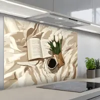 KitchenYeah Spatscherm 120x80 cm - Zelfklevende achterwand Boek - Illustratie - Tulpen - Koffie - Keuken muurbeschermer - Spatwand fornuis