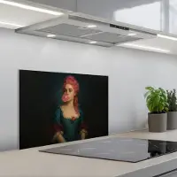 KitchenYeah Spatscherm 60x40 cm - Zelfklevende achterwand Vrouw - Portret - Kauwgombel - Keuken muurbeschermer - Spatwand fornuis