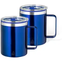 Benson Warmhoudbeker - 2x - thermos beker Barista - reis koffiebeker - RVS - blauw - 400 ml - deksel