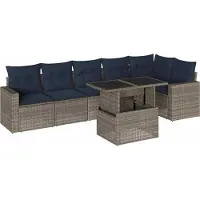vidaXL 7-delige tuinbankset met kussens, grijs polyrotan