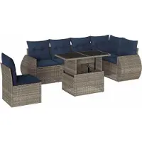 vidaXL 7-delige tuinbankset met kussens, grijs polyrotan