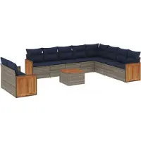 vidaXL 11-delige tuinbankset met kussens, grijs polyrotan