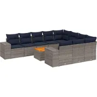 vidaXL 11-delige tuinbankset met kussens, grijs polyrotan