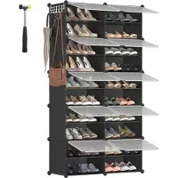 Songmics Schoenenrek met 10 vakken, schoenenkast, 30 x 40 x 30 cm per vak, smal, met deuren, stalen frame, kunststof, voor hal, slaapkamer, entree, zwart