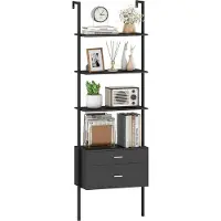 Costway Ladderrek met 6 verdiepingen met 2 laden, wandgemonteerde boekenkast met metalen frame, modern open rek voor opslag en presentatie voor woonkamer, kantoor (zwart)