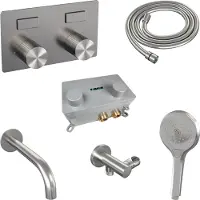 Brauer stripe thermostatische inbouw badkraan met drukknoppen set 04 met uitloop en 3-standen handdouche en doucheslang en wandaansluitbocht