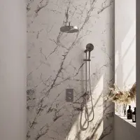 Brauer stripe thermostatische inbouw regendouche 3-weg rechthoekig set 23 met 25 cm douchekop en gebogen muurarm en 3-standen handdouche en