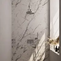 Brauer Stripe thermostatische inbouw regendouche met drukknoppen SET 25 met 25 cm douchekop en rechte muurarm en staaf handdouche en doucheslang en wandaansluitbocht RVS-kleurig geborsteld PVD