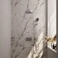 Brauer Stripe thermostatische inbouw regendouche met drukknoppen SET 34 met 25 cm douchekop en rechte muurarm en 3-standen handdouche en doucheslang en geintegreerde glijstang chroom