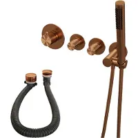 Brauer Stripe thermostatische inbouw badkraan SET 01 met badvulcombinatie en staaf handdouche en doucheslang en wandaansluitbocht koper geborsteld PVD