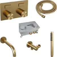 Brauer Stripe thermostatische inbouw badkraan met drukknoppen SET 03 met uitloop en staaf handdouche en doucheslang en wandaansluitbocht goud geborsteld PVD
