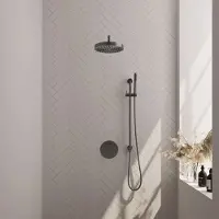 Brauer Stripe thermostatische inbouw regendouche 3-weg rond SET 44 met 25 cm douchekop en gebogen muurarm en staaf handdouche en doucheslang en geintegreerde glijstang gunmetal geborsteld PVD