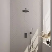 Brauer Stripe thermostatische inbouw regendouche 3-weg rechthoekig SET 13 met 25 cm douchekop en rechte muurarm en staaf handdouche en doucheslang en wandaansluitbocht gunmetal geborsteld PVD