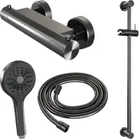 Brauer Stripe opbouw douche thermostaatkraan SET 02 met glijstang en 3-standen handdouche en doucheslang gunmetal geborsteld PVD
