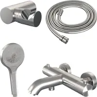 Brauer Stripe opbouw baddouche thermostaatkraan SET 04 met wandhouder en 3-standen handdouche en doucheslang RVS-kleurig geborsteld PVD