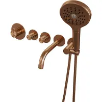 Brauer Stripe thermostatische inbouw badkraan SET 02 met uitloop en 3-standen handdouche en doucheslang en wandaansluitbocht koper geborsteld PVD