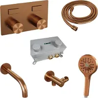 Brauer Stripe thermostatische inbouw badkraan met drukknoppen SET 04 met uitloop en 3-standen handdouche en doucheslang en wandaansluitbocht koper geborsteld PVD
