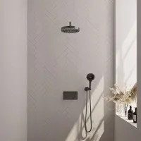 Brauer Stripe thermostatische inbouw regendouche met drukknoppen SET 29 met 25 cm douchekop en gebogen muurarm en 3-standen handdouche en doucheslang en wandaansluitbocht gunmetal geborsteld PVD