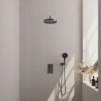 Brauer Stripe Thermostatische Inbouw Regendouche Rechthoekig - Gebogen Wandarm - 3-standen Handdouche - Wandhouder - Geborsteld Gunmetal PVD - Messing - Kranen, Douchekranen, Douchesets, Inbouw