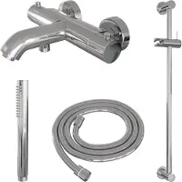 Brauer Stripe Opbouw Bad Thermostaatkraan Glijstangset - Met Staafhanddouche - Chroom - Messing - Kranen, Badkranen, Opbouw Badkranen - 8720724563767