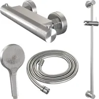 Brauer Stripe opbouw douche thermostaatkraan SET 02 met glijstang en 3-standen handdouche en doucheslang RVS-kleurig geborsteld PVD