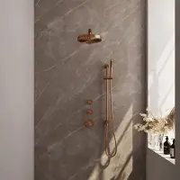 Brauer Stripe thermostatische inbouw regendouche SET 07 met 25 cm douchekop en rechte muurarm en staaf handdouche en doucheslang en geintegreerde glijstang koper geborsteld PVD