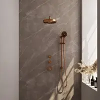 Brauer Stripe Inbouw Regendoucheset Met 2 Stopkranen - Gebogen Wandarm - 3-standen Handdouche - Glijstang - Geborsteld Koper PVD - Messing - Kranen, - Kranen, Douchekranen, Douchesets, Inbouw