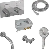 Brauer Stripe thermostatische inbouw badkraan met drukknoppen SET 04 met uitloop en 3-standen handdouche en doucheslang en wandaansluitbocht chroom