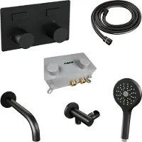 Brauer Stripe thermostatische inbouw badkraan met drukknoppen SET 04 met uitloop en 3-standen handdouche en doucheslang en wandaansluitbocht mat zwart
