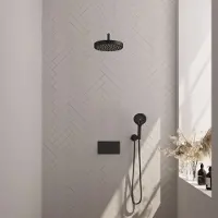 Brauer Stripe thermostatische inbouw regendouche met drukknoppen SET 29 met 25 cm douchekop en gebogen muurarm en 3-standen handdouche en doucheslang en wandaansluitbocht mat zwart