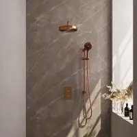 Brauer Stripe Thermostatische Inbouw Regendouche Rechthoekig - Gebogen Wandarm - 3-standen Handdouche - Glijstang - Geborsteld Koper PVD - Messing - Kranen, Douchekranen, Douchesets, Inbouw