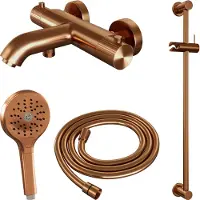 Brauer Stripe Opbouw Bad Thermostaatkraan Glijstangset - Met 3-standen Handdouche - Geborsteld Koper PVD - Messing - Kranen, Badkranen, Opbouw
