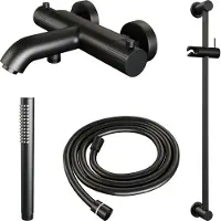 Brauer Stripe Opbouw Bad Thermostaatkraan Glijstangset - Met Staafhanddouche - Mat Zwart - Messing - Kranen, Badkranen, Opbouw Badkranen