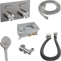 Brauer stripe thermostatische inbouw badkraan met drukknoppen set 04 met badvulcombinatie en 3-standen handdouche en doucheslang en wandaansluitbocht