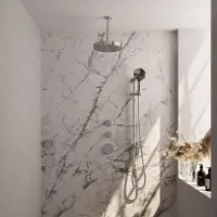 Brauer Stripe thermostatische inbouw regendouche SET 12 met 25 cm douchekop en plafondarm en 3-standen handdouche en doucheslang en geintegreerde glijstang chroom