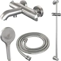 Brauer Stripe Opbouw Bad Thermostaatkraan Glijstangset - Met 3-standen Handdouche - Geborsteld RVS PVD - Messing - Kranen, Badkranen, Opbouw Badkranen