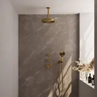 Brauer Stripe Inbouw Regendoucheset Met 2 Stopkranen - 20cm Plafondbuis - 3-standen Handdouche - Wandhouder - Geborsteld Goud PVD - Messing - Kranen, - Kranen, Douchekranen, Douchesets, Inbouw