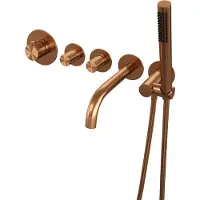 Brauer Stripe thermostatische inbouw badkraan SET 01 met uitloop en staaf handdouche en doucheslang en wandaansluitbocht koper geborsteld PVD