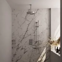 Brauer Stripe thermostatische inbouw regendouche 3-weg rechthoekig SET 21 met 25 cm douchekop en plafondarm en staaf handdouche en doucheslang en geintegreerde glijstang RVS-kleurig geborsteld PVD