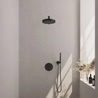 Brauer Stripe thermostatische inbouw regendouche 3-weg rond SET 37 met 25 cm douchekop en rechte muurarm en staaf handdouche en doucheslang en wandaansluitbocht mat zwart