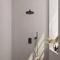 Brauer Stripe thermostatische inbouw regendouche 3-weg rechthoekig SET 13 met 25 cm douchekop en rechte muurarm en staaf handdouche en doucheslang en wandaansluitbocht mat zwart