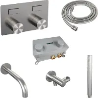 Brauer Stripe thermostatische inbouw badkraan met drukknoppen SET 03 met uitloop en staaf handdouche en doucheslang en wandaansluitbocht RVS-kleurig geborsteld PVD