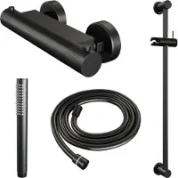 Brauer Stripe opbouw douche thermostaatkraan SET 01 met glijstang en staaf handdouche en doucheslang mat zwart