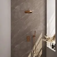 Brauer Stripe thermostatische inbouw regendouche 3-weg rechthoekig SET 14 met 25 cm douchekop en gebogen muurarm en staaf handdouche en doucheslang en wandaansluitbocht koper geborsteld PVD