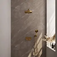 Brauer Stripe thermostatische inbouw regendouche met drukknoppen SET 28 met 25 cm douchekop en rechte muurarm en 3-standen handdouche en doucheslang en wandaansluitbocht goud geborsteld PVD