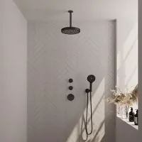 Brauer Stripe thermostatische inbouw regendouche SET 03 met 25 cm douchekop en plafondarm en staaf handdouche en doucheslang en wandaansluitbocht mat zwart