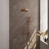 Brauer Stripe Inbouw Regendoucheset Met 2 Stopkranen - Gebogen Wandarm - Staafhanddouche - Glijstang - Geborsteld Koper PVD - Messing - Kranen, - Kranen, Douchekranen, Douchesets, Inbouw douchesets