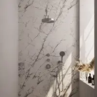 Brauer Stripe thermostatische inbouw regendouche SET 05 met 25 cm douchekop en gebogen muurarm en 3-standen handdouche en doucheslang en wandaansluitbocht RVS-kleurig geborsteld PVD